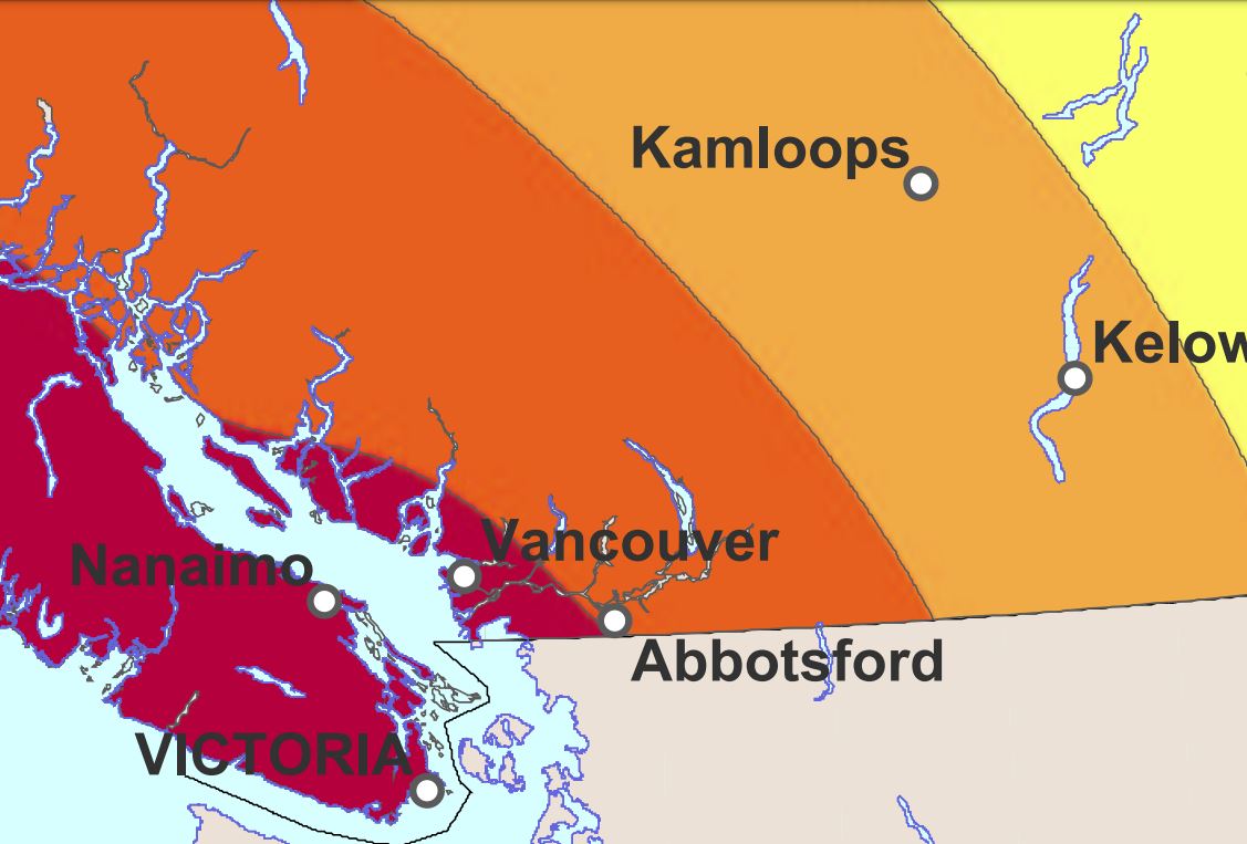 Earthquake Risk Map Zoomed into the lower mainland