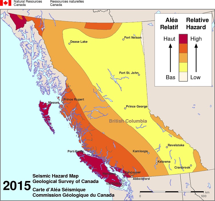 Show the risk of earthquakes based on location in British Columbia