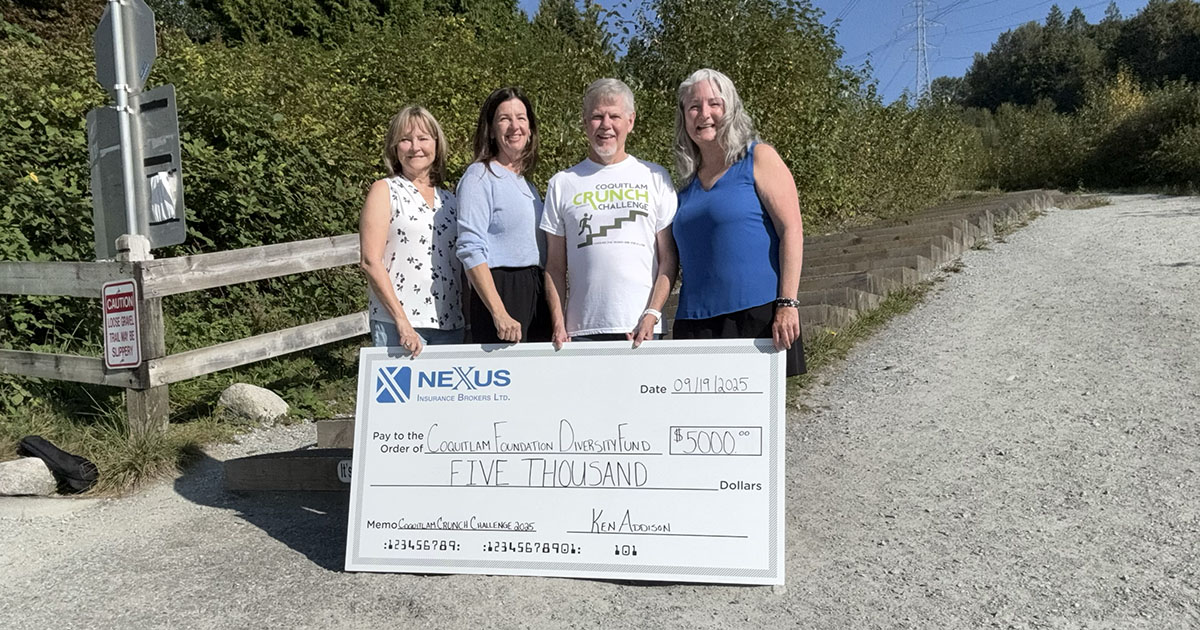 cheque.presentation.FB 4 people standing behind a cheque for presentation to the Coquitlam Diversity Fund