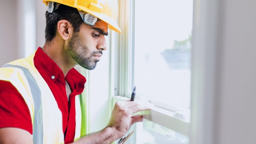 Man inspecting window frame